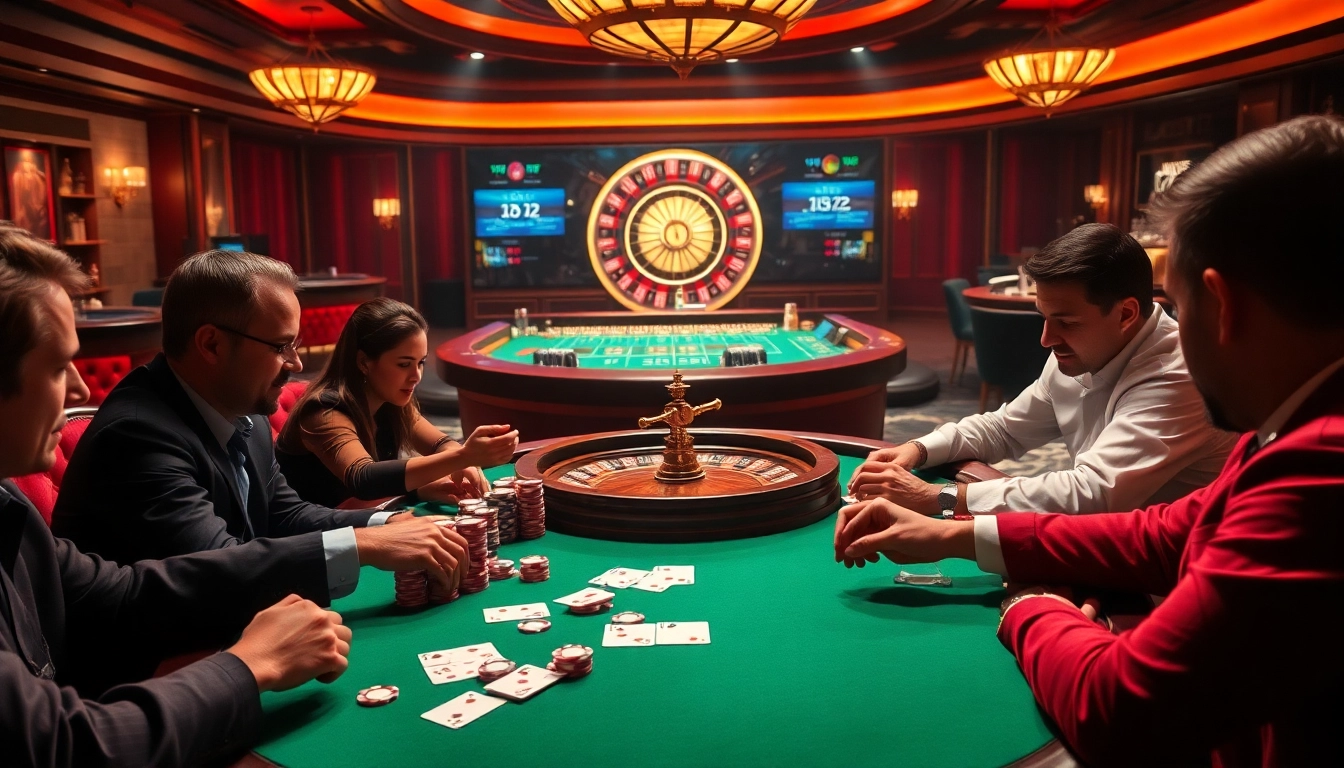 Players enjoy an engaging poker game at https://bomwin.cn.com/ featuring luxury surroundings and vibrant chips.