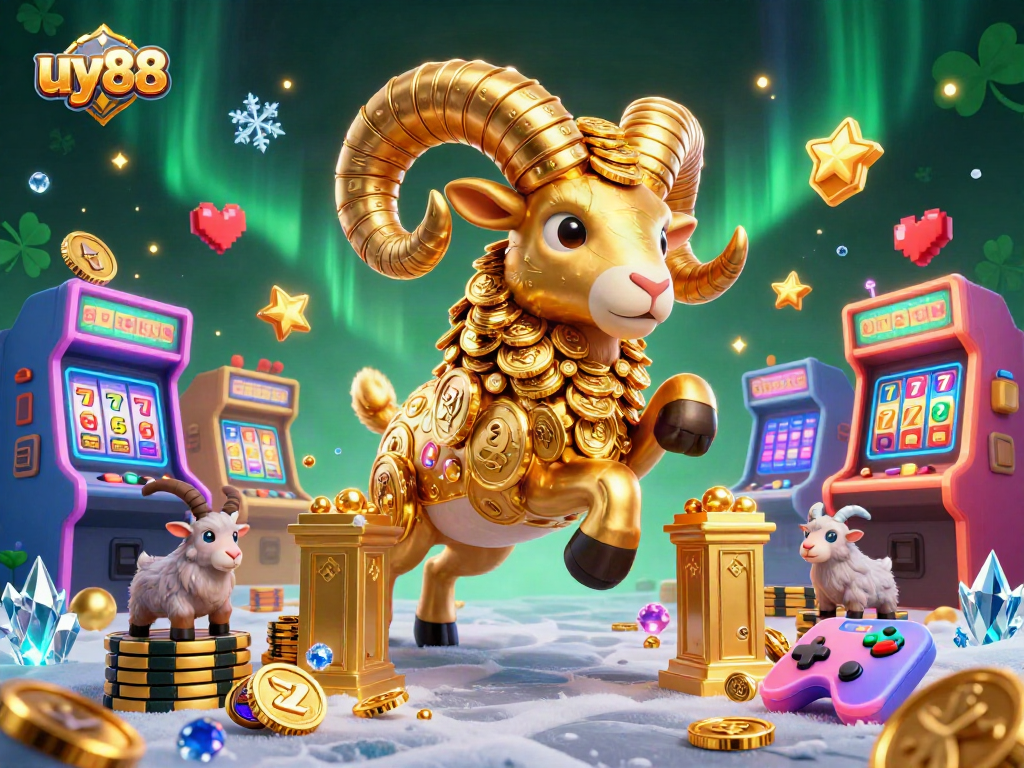 Engage with uy88's vibrant casino world, showcasing golden ram and thrilling slot reels.
