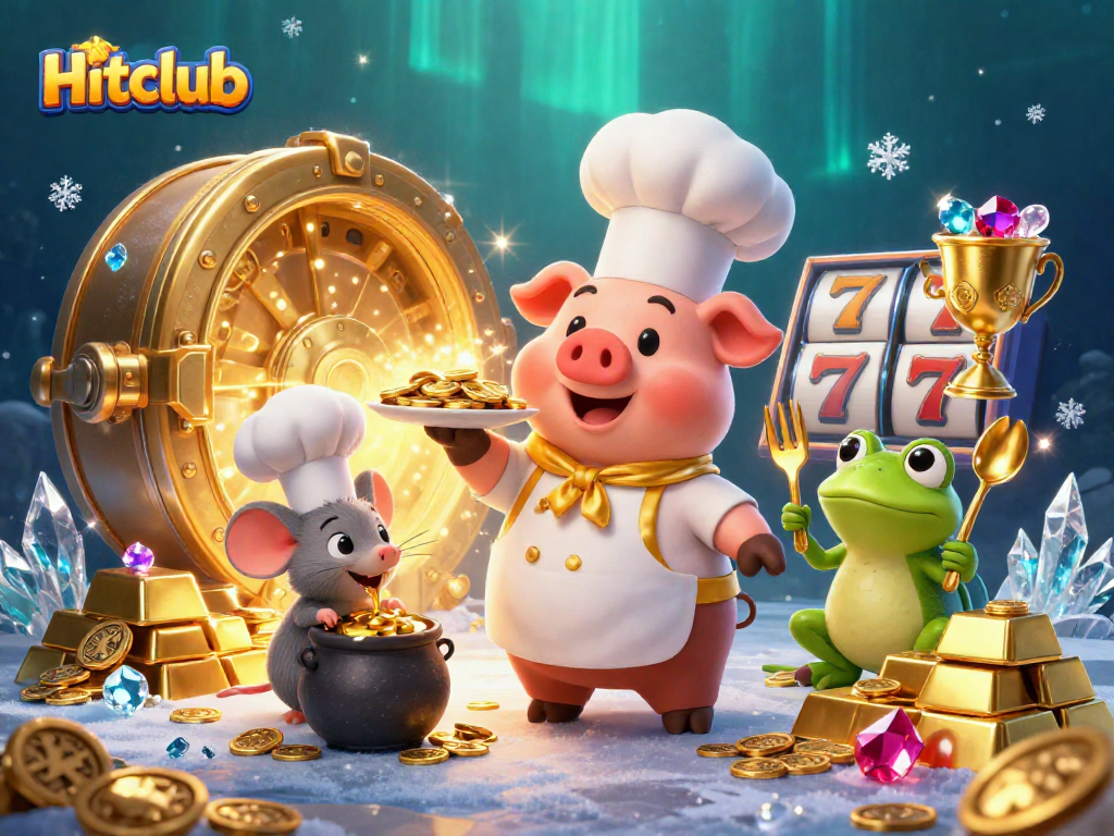 Hitclub offers thrilling slot experiences with cartoon characters celebrating wins and a golden atmosphere.