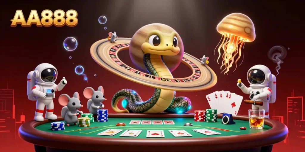 Experience cosmic betting in the AA888 world with a Saturn ring snake and astronaut mice gambling.