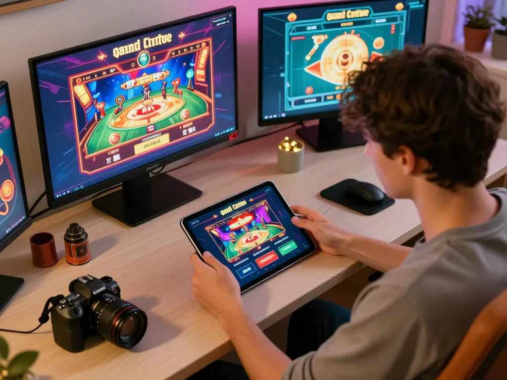Engaged player using oxbet app on tablet for online casino gaming in stylish home office setup
