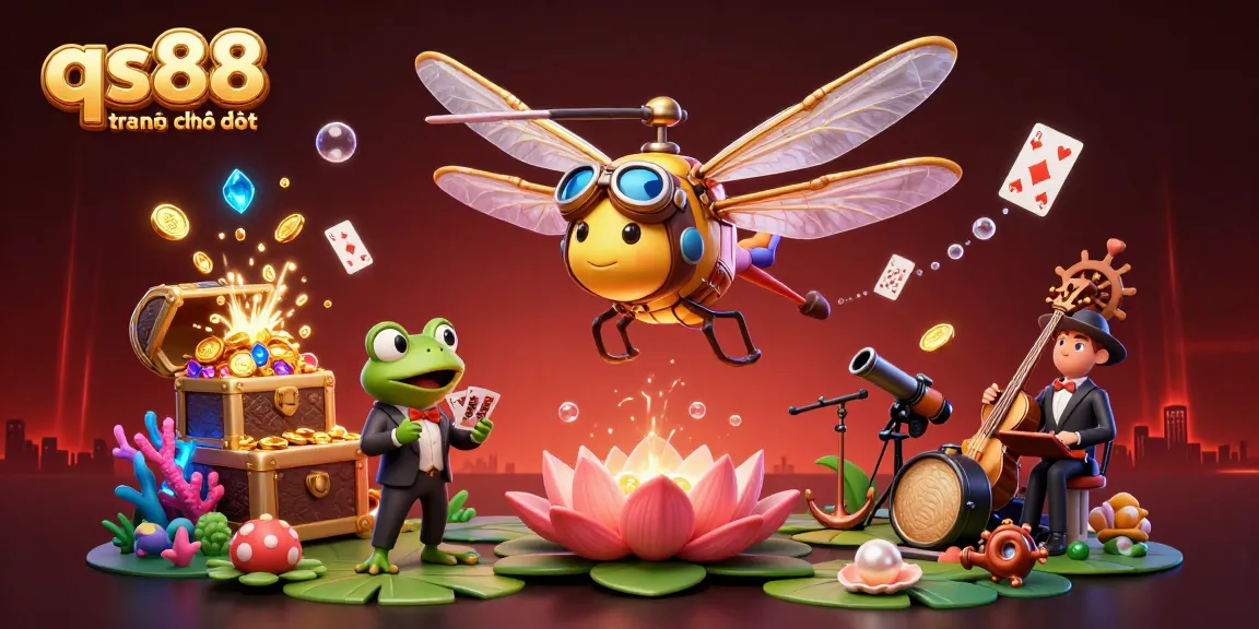 Engaging scene with the qs88 trang chủ chính thức featuring a dragonfly pilot and frog croupier amidst game elements.