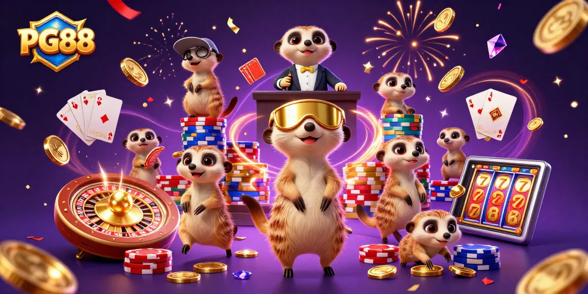 PG88's vibrant casino scene with meerkats dealing cards, spinning roulette, and cascading coins.