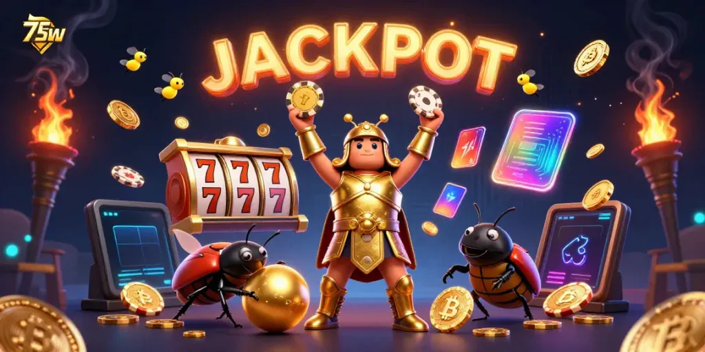 75W-themed casino illustration showcasing a hercules beetle celebrating a jackpot with vibrant gaming elements.