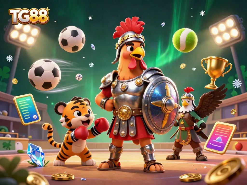 Engage in thrilling gameplay at TG88 with gladiator rooster, tiger cub, and sports excitement.