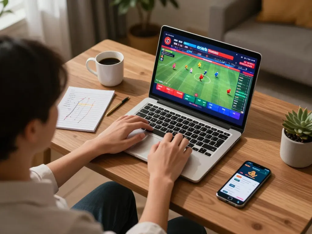 Engaging online gambling experience while watching đá gà thomo live with laptop and coffee at home.