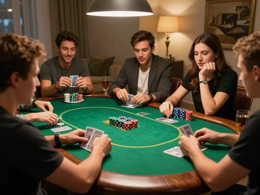 Jogadores aproveitando a noite de poker no HH55 com uma atmosfera aconchegante e interações animadas.