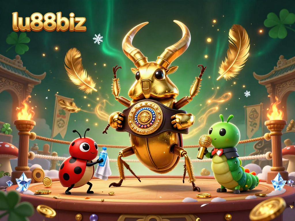Bet on excitement with lu88biz in a vibrant 3D casino showdown illustration featuring a stag beetle champion.