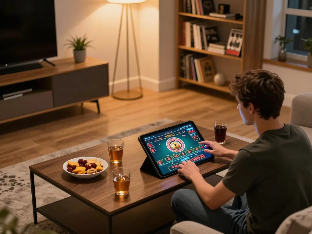 Person enjoying online gaming at home with Jun 88 casino app on tablet