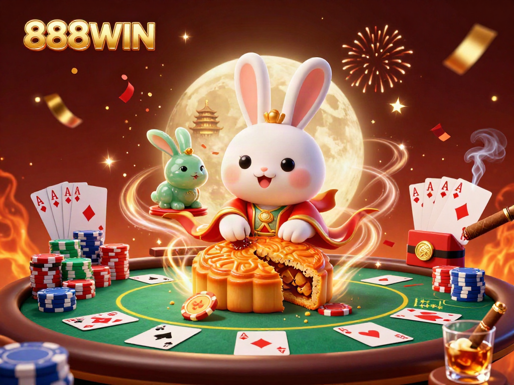 Celebrate with the 888WIN moon rabbit as it reveals lucrative poker chips amidst a festive casino scene.