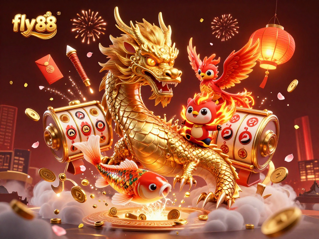 Experience thrilling action at fly 88 with a vibrant 3D scene featuring a golden dragon and a koi fish amidst slot reels.