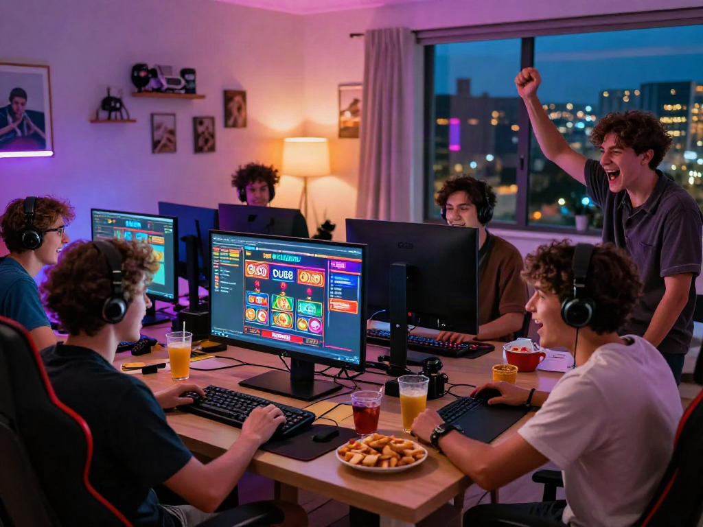 DU88 gaming scene with friends enjoying an online casino experience in a lively living room
