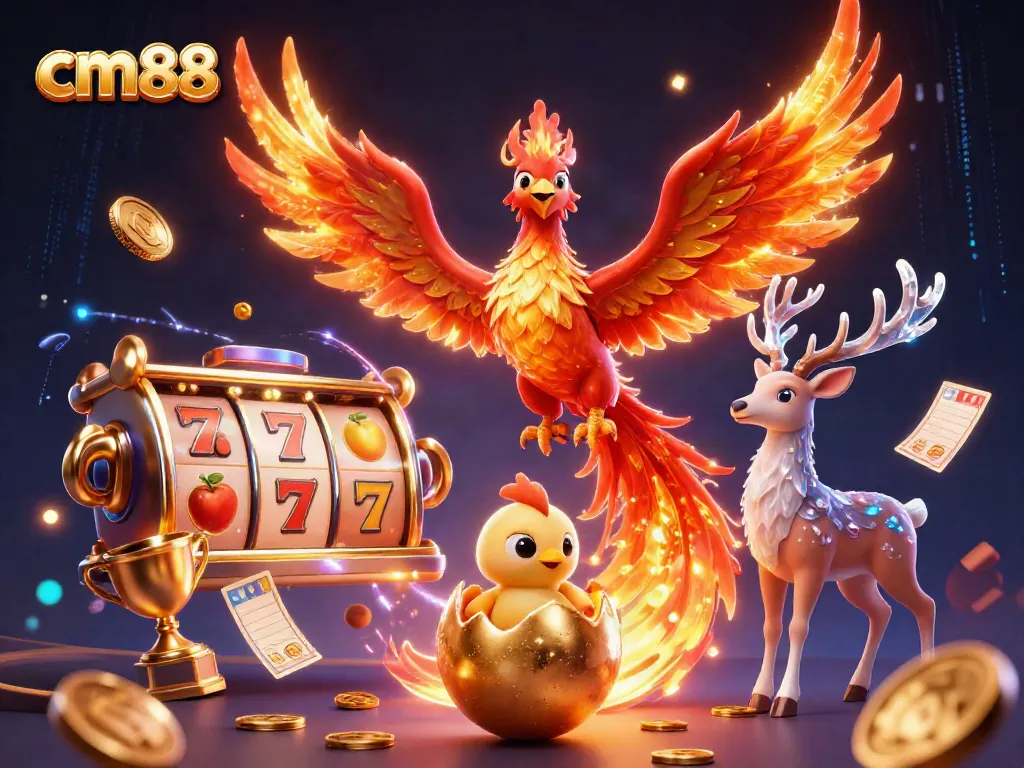 Experience the excitement of casino games with cm88, featuring a phoenix and casino elements in a vibrant 3D illustration.