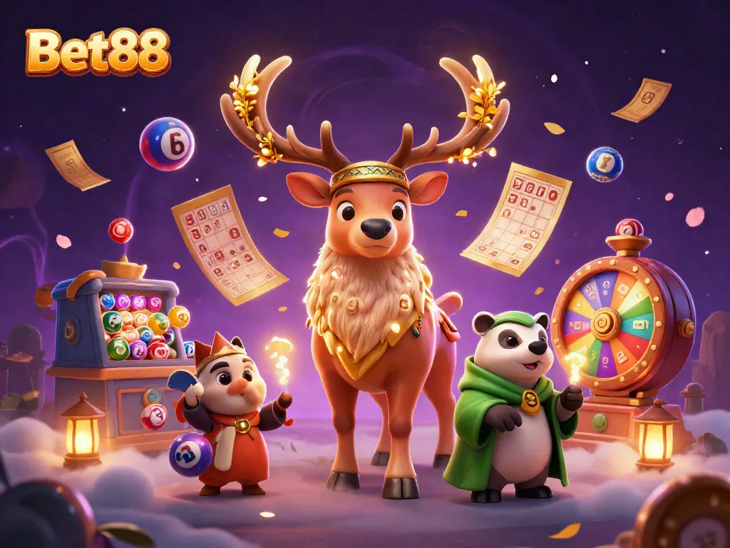 Experience excitement at Bet88 with colorful lottery elements and mystical characters in a magical casino scene.