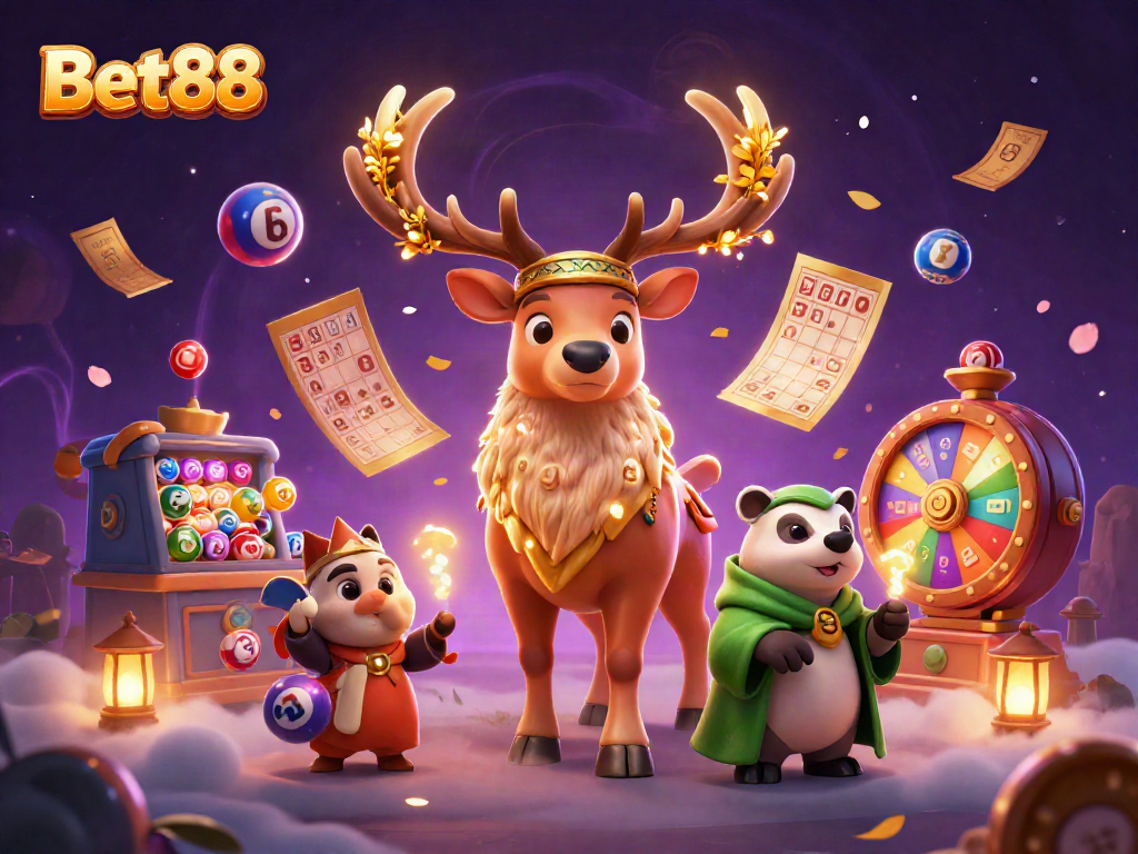 Experience excitement at Bet88 with colorful lottery elements and mystical characters in a magical casino scene.