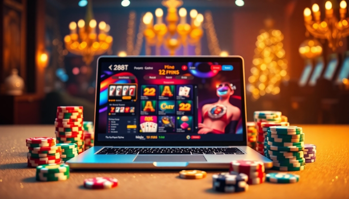 Experience thrilling online gambling at 288T with vibrant poker chips and sleek interface.