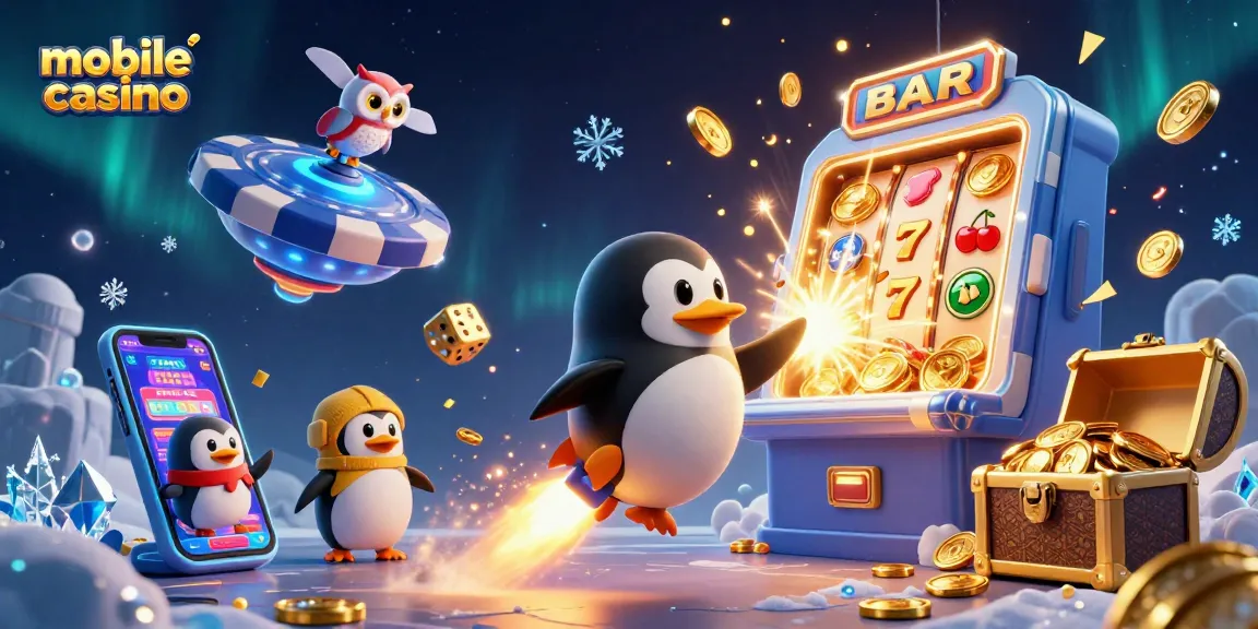 Experience a vibrant mobile casino adventure with a golden penguin in space, bursting with winning symbols.