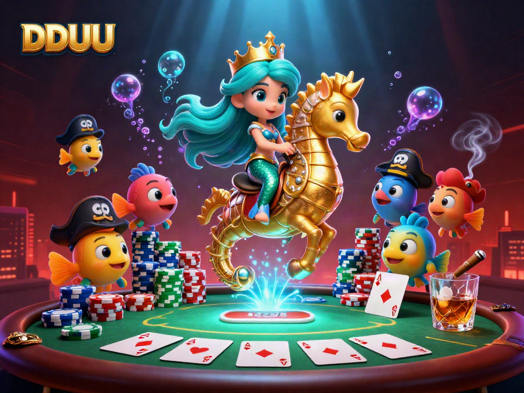 Experience DDUU's dynamic casino world with a mermaid and seahorse amidst poker elements.