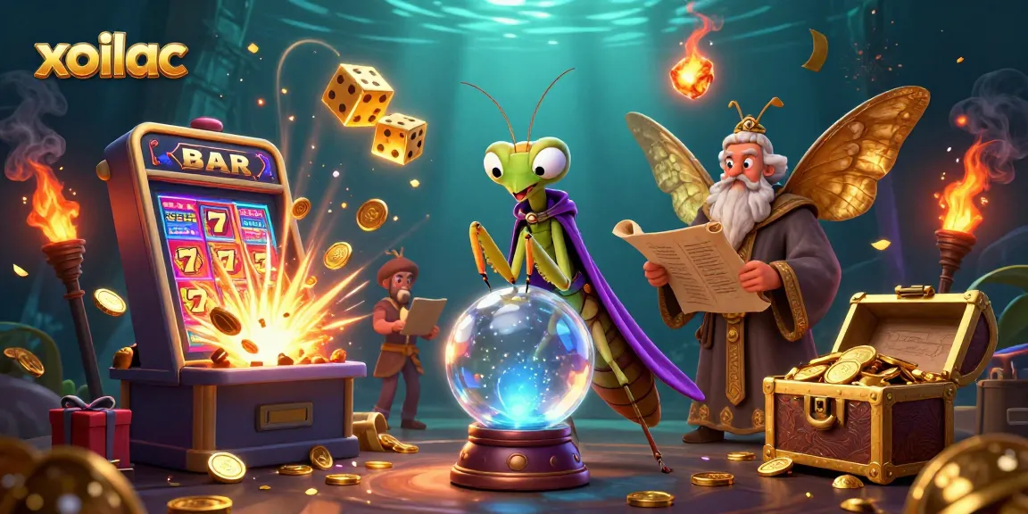 Xoilac provides an energetic view of a gambling scene, featuring vibrant slot machine action and mystical characters.