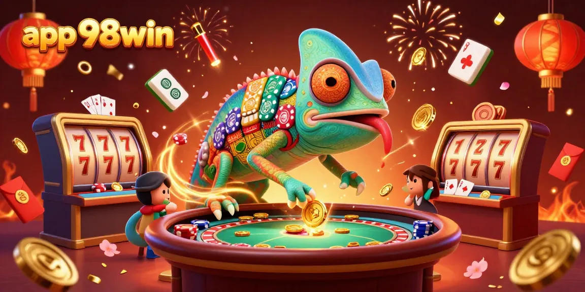 Winning strategies at app 98win with vibrant casino elements, chameleon character, and immersive gaming