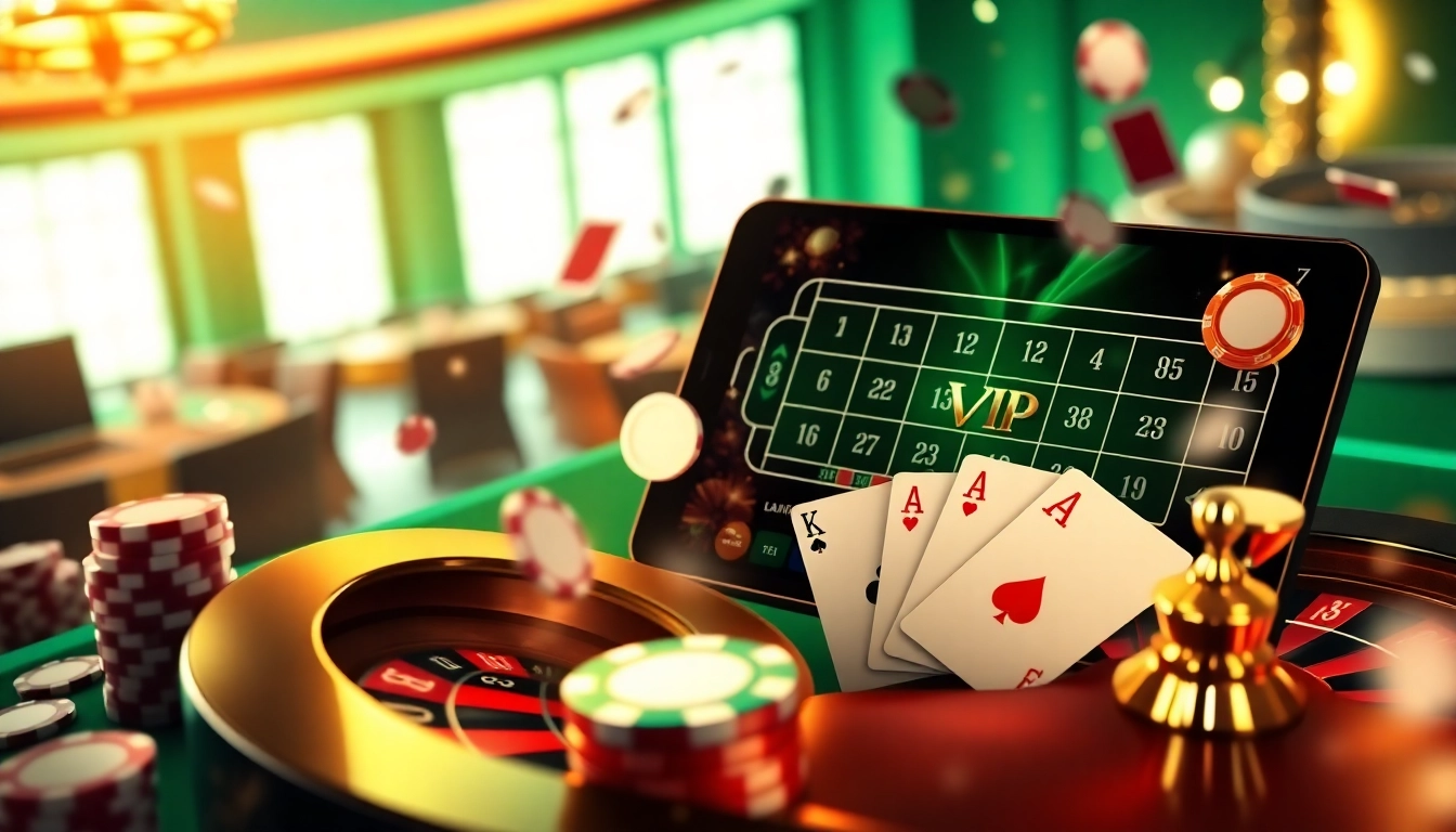 Engage in the thrilling games of rik vip with vibrant casino visuals and luxurious gambling icons.