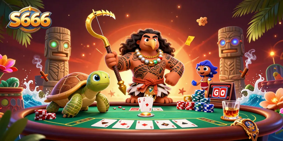 S666 showcases a vibrant poker scene with a demigod and turtle amidst colorful chips and cards.