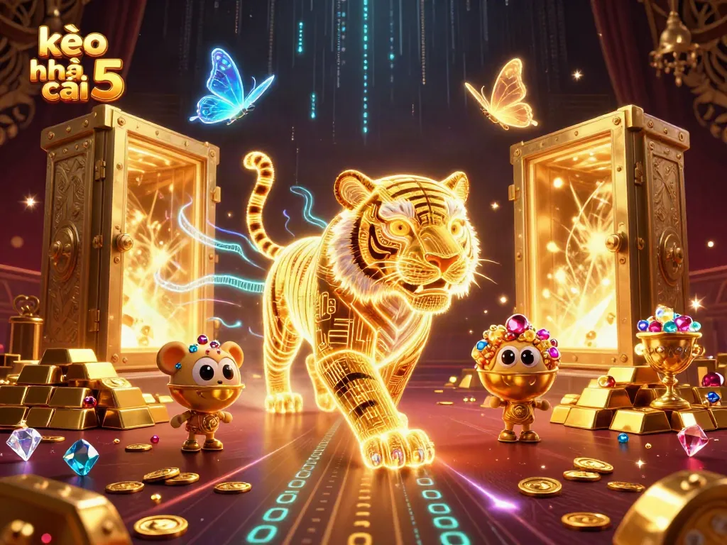 Engage with kèo nhà cái 5 in a dynamic digital casino scene filled with light, gold, and data.