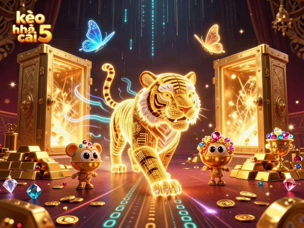 Engage with kèo nhà cái 5 in a dynamic digital casino scene filled with light, gold, and data.