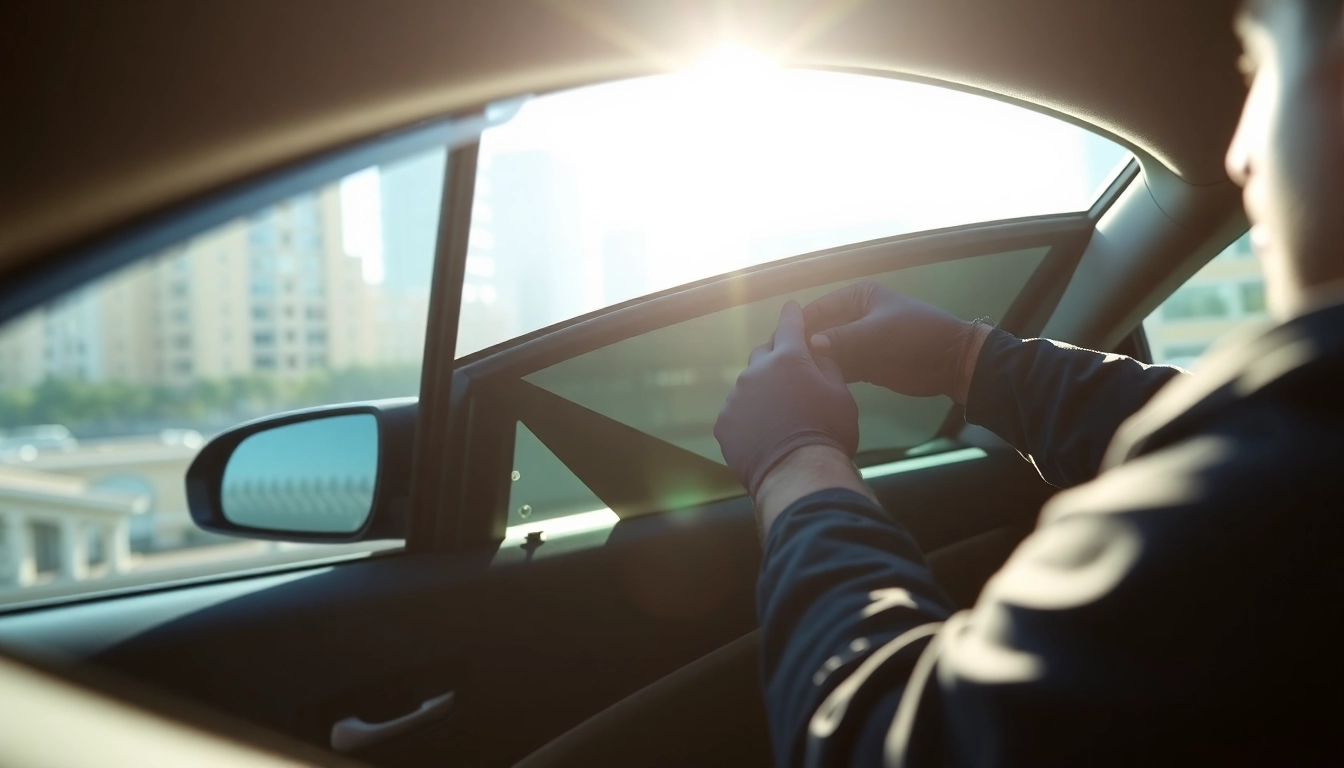 Get high-quality window tint near me, showcasing a technician applying film in a stylish car.