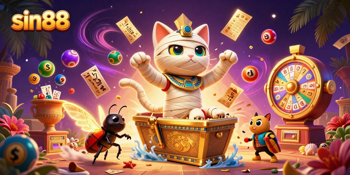 sin88 brings excitement with an Egyptian mummy cat and lucky scarab beetle in a colorful casino scene
