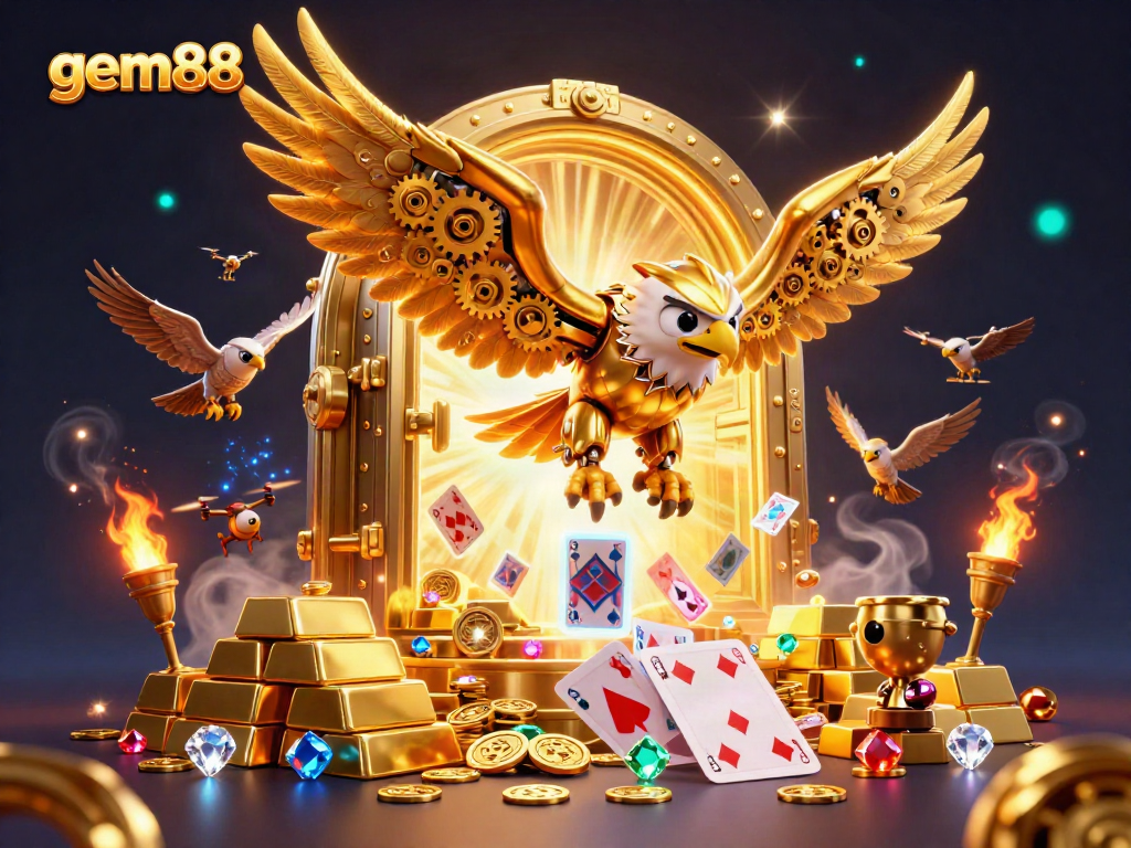 Experience the thrill of gem88 with a dynamic 3D scene featuring a golden eagle and treasure elements.