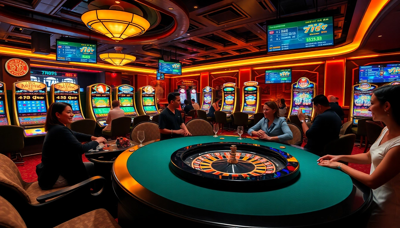 Exciting gaming scene at 7hh casino featuring roulette wheels and vibrant slot machines.