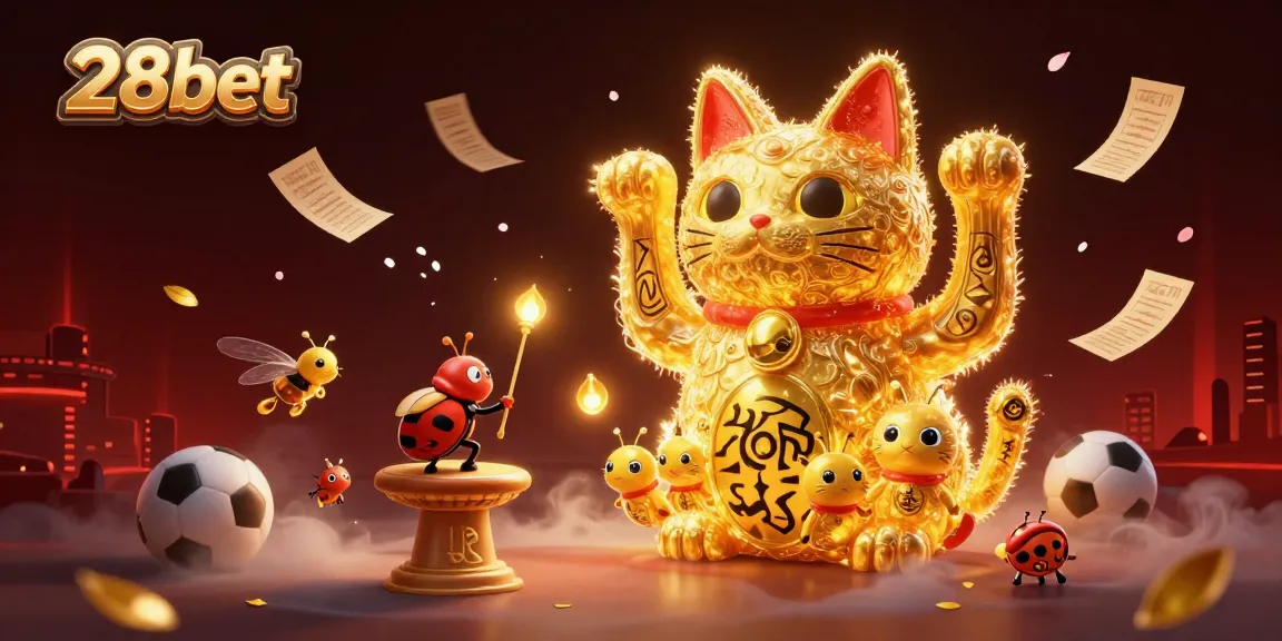 Exciting 28bet sports betting scene with a lucky cat and a tiny conductor beetle.