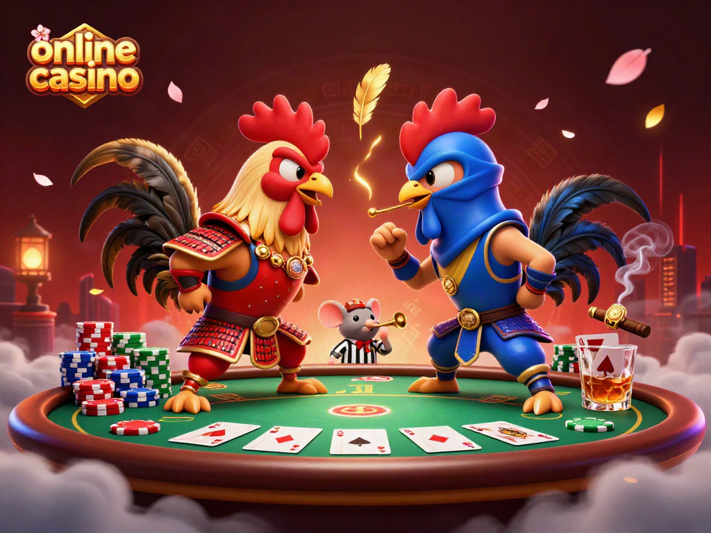 Engaging scene of twin roosters in a dramatic standoff, embodying the essence of an online casino.