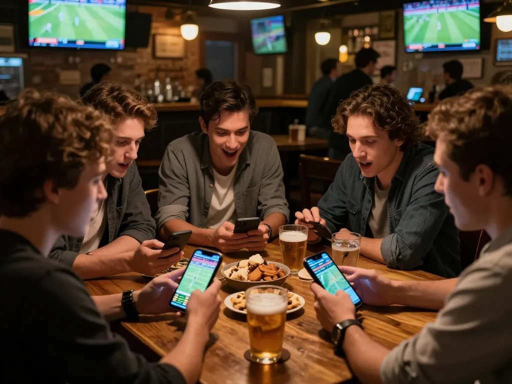 Soi kèo enthusiasts placing bets on live sports, showcasing excitement at a sports bar