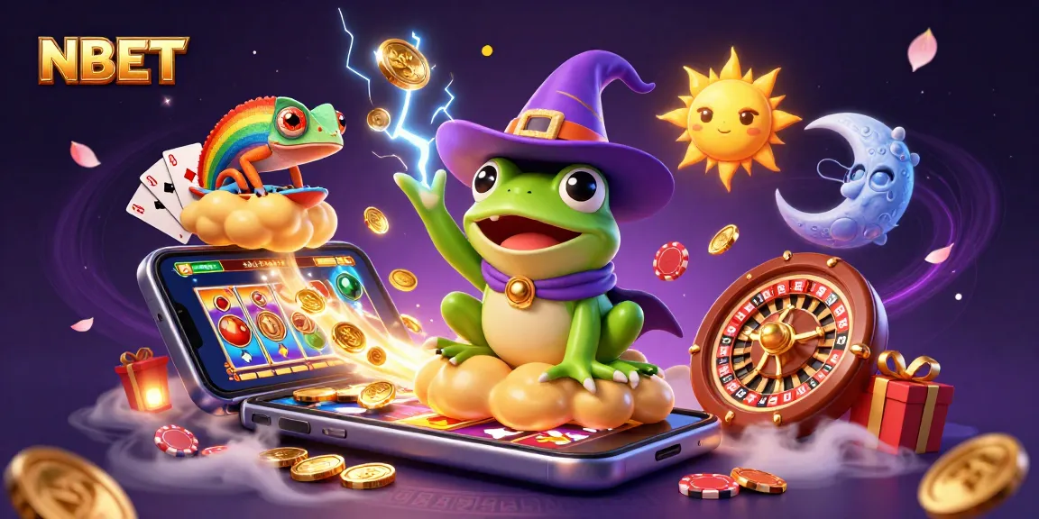 Experience NBET action with a wizard frog and chameleon amidst a vibrant casino scene.