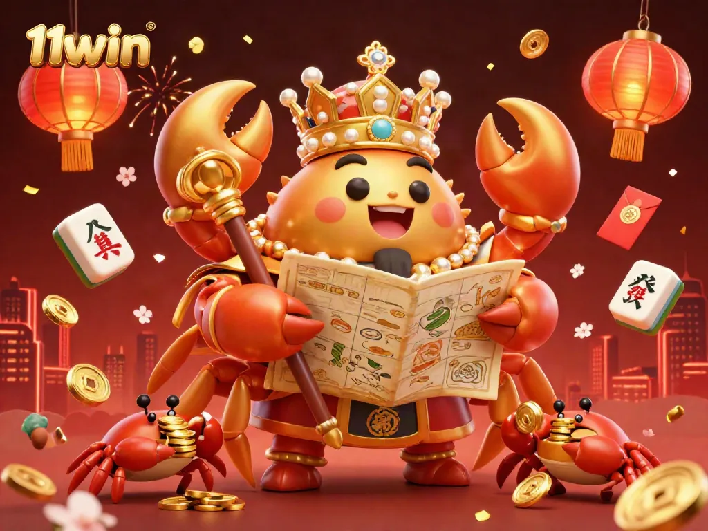 Experience a vibrant 11win gambling scene with a golden crab emperor and dynamic gameplay elements.