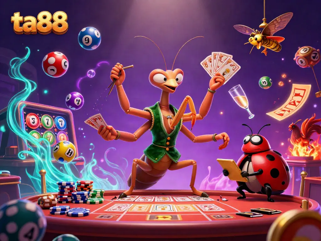 Experience the excitement at ta88 with vibrant lottery balls, casino games, and dynamic characters in this detailed scene.