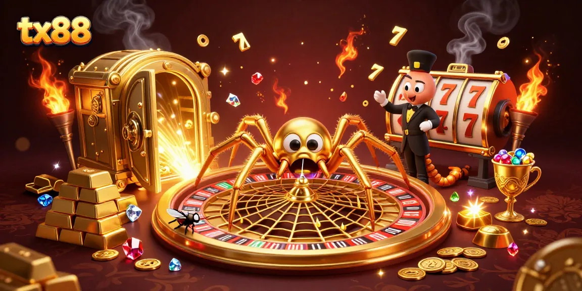 Engage with tx88 as a fly nervously bets on a roulette web spun by a golden spider in a vibrant casino scene.