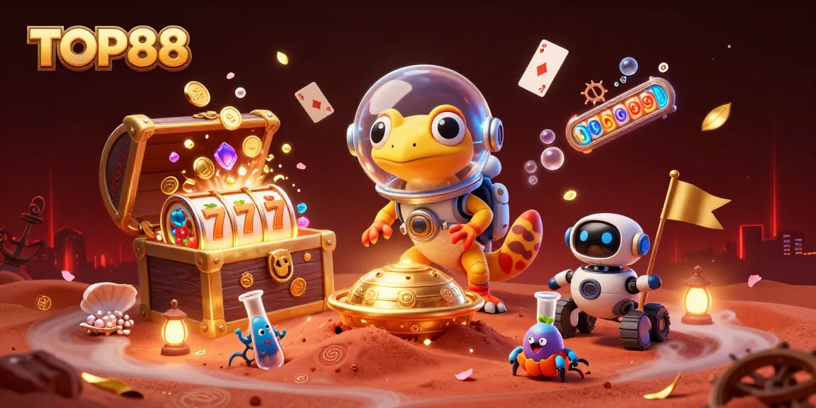 Engage with the exciting world of TOP88 casino slots under Mars' red sands in this vibrant illustration.