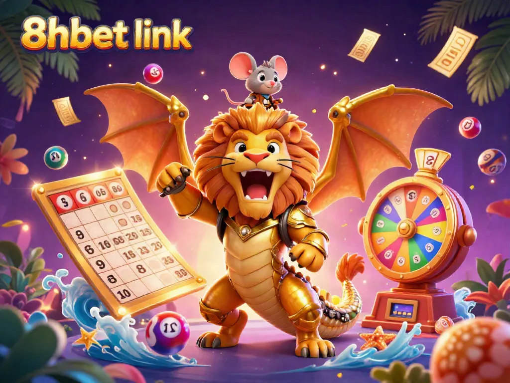 Join the excitement with the 8xbet link, showcasing a vibrant scene of games with a chimera and festive elements.