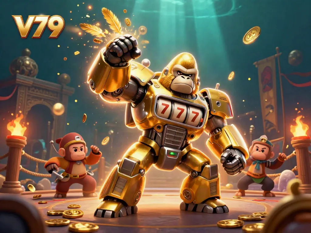 V79 casino experience with golden gorilla mech and dynamic gaming elements for players.