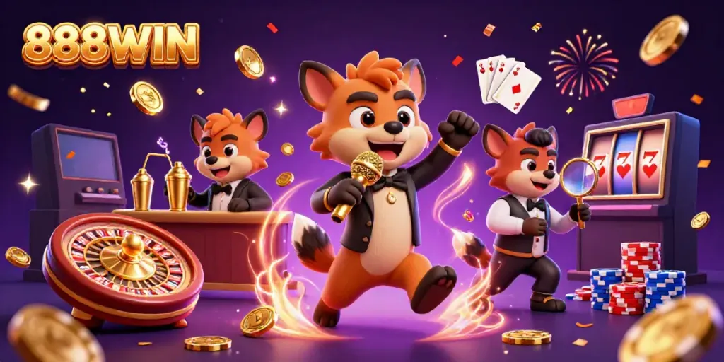 Experience the vibrant energy of 888WIN with lively hyenas in a dynamic casino scene.