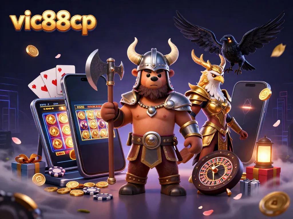 Play slots with vic88cp featuring a Viking and Valkyrie amidst dynamic game elements.