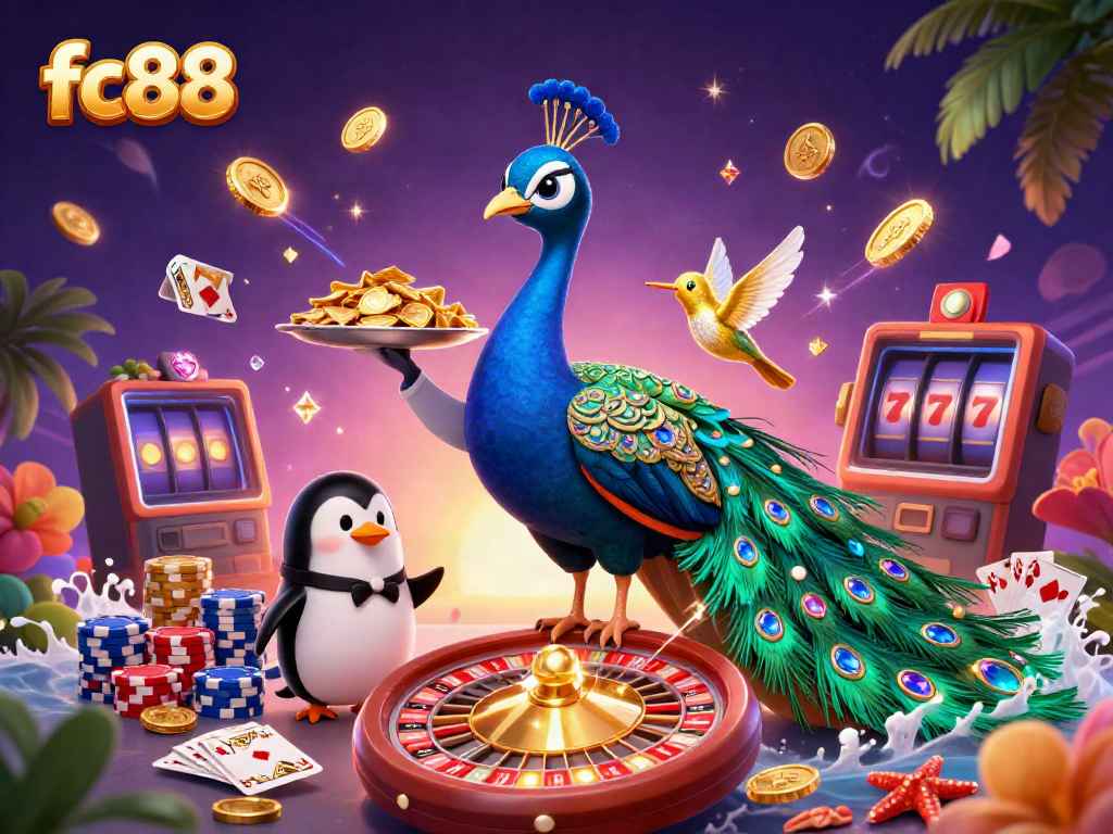 Experience excitement with fc88, showcased by an aristocratic peacock and colorful gambling elements.
