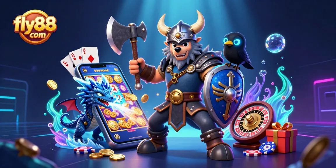 Engage in exciting gaming with fly88 com featuring a Viking warrior and dragon amidst casino elements.