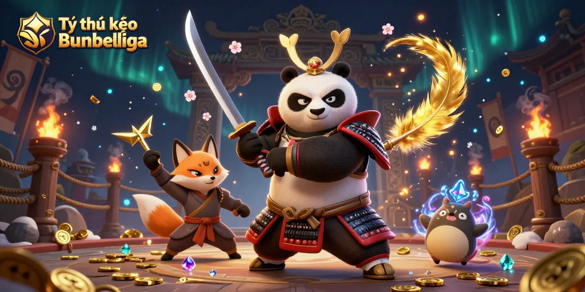 Engage with Tỷ lệ kèo Bundesliga through an exciting visual of samurai panda and ninja fox in action.