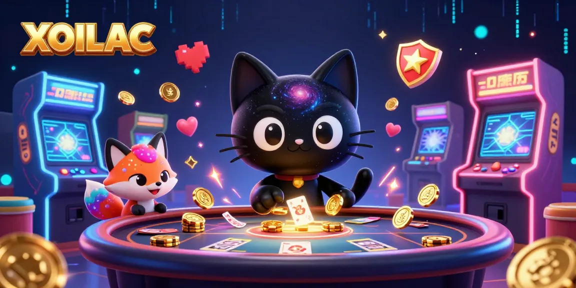 Experience the thrill of XOILAC gaming with a cosmic cat in a vibrant casino landscape.