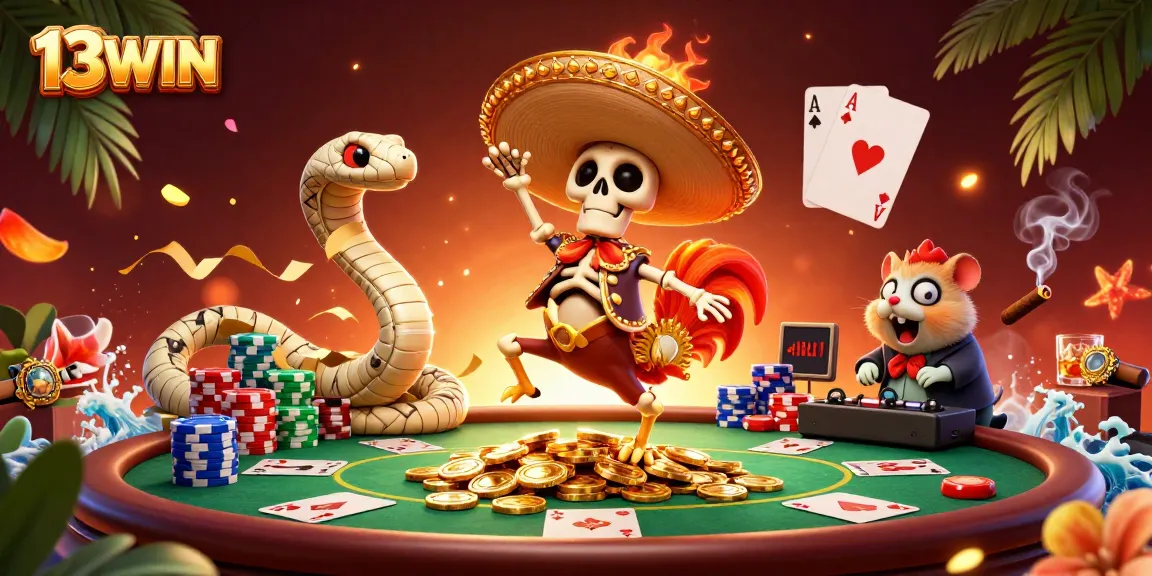 Win exciting jackpots at 13WIN with vibrant casino characters and poker games in a lively scene.
