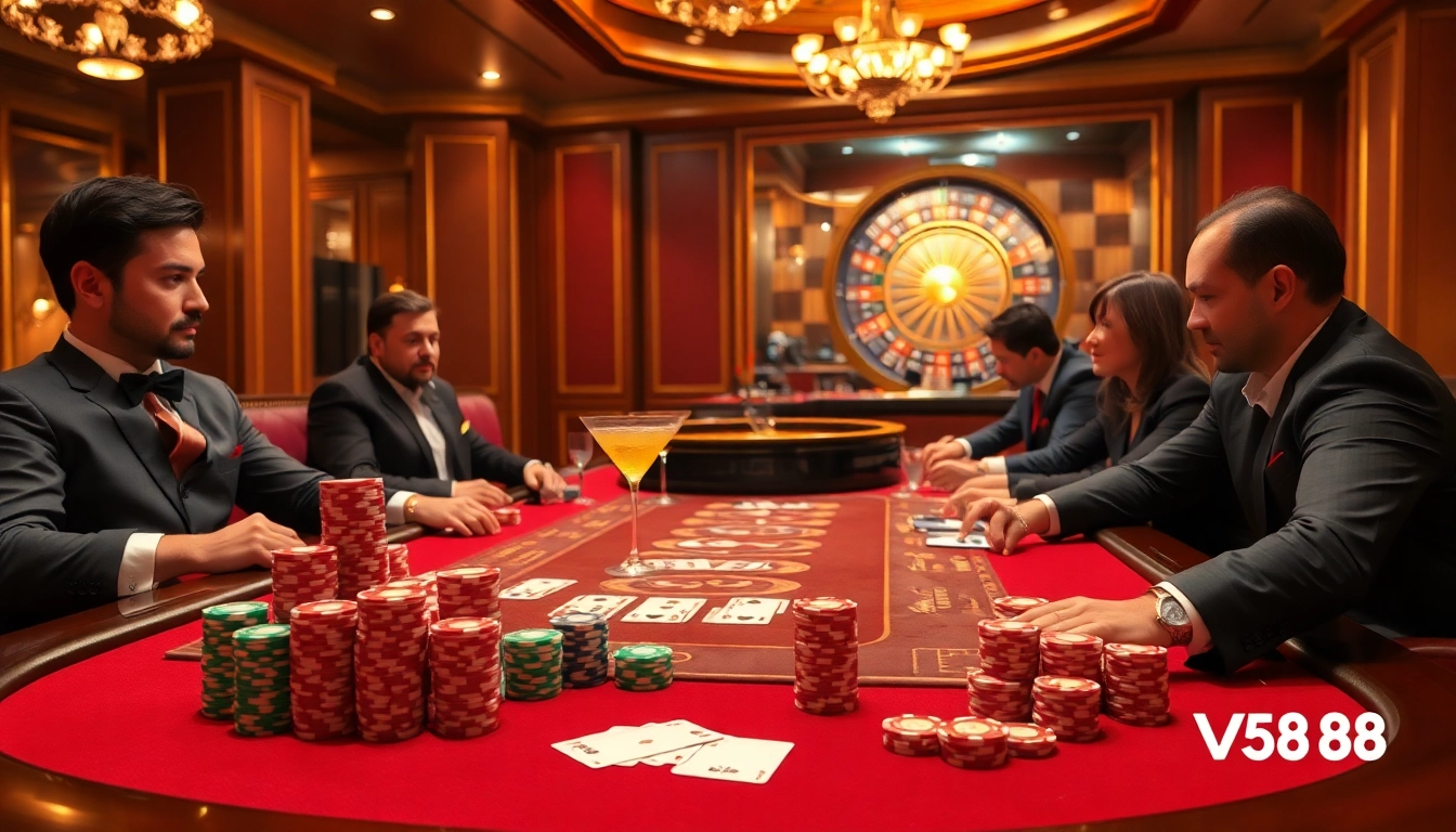 Experience thrilling action at vn888 poker table with vibrant chips and dealers in an upscale casino.